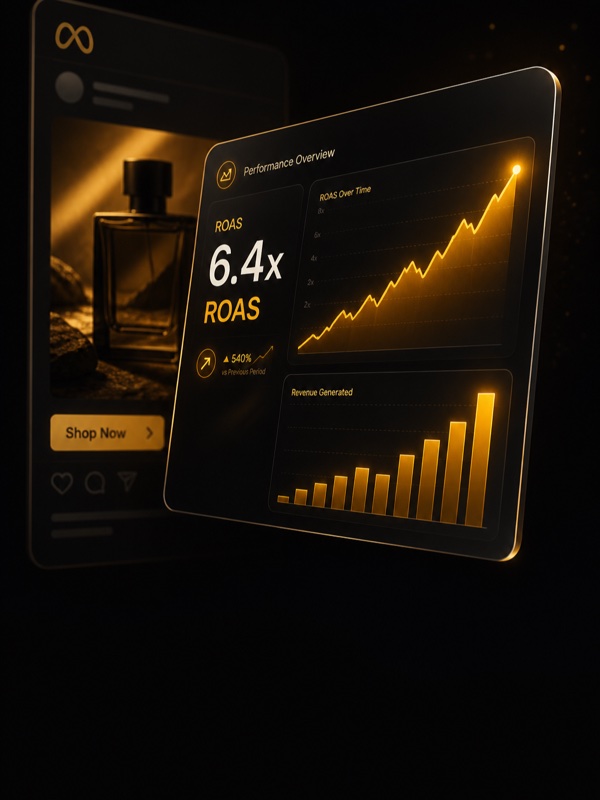 Meta & Google Ads campaign dashboard showing 6.4x ROAS