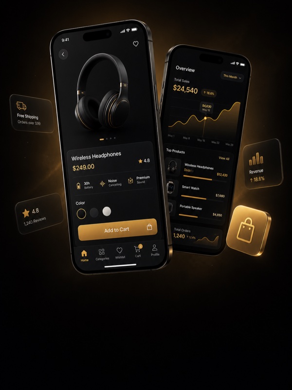 E-commerce mobile app screens with product page and sales dashboard